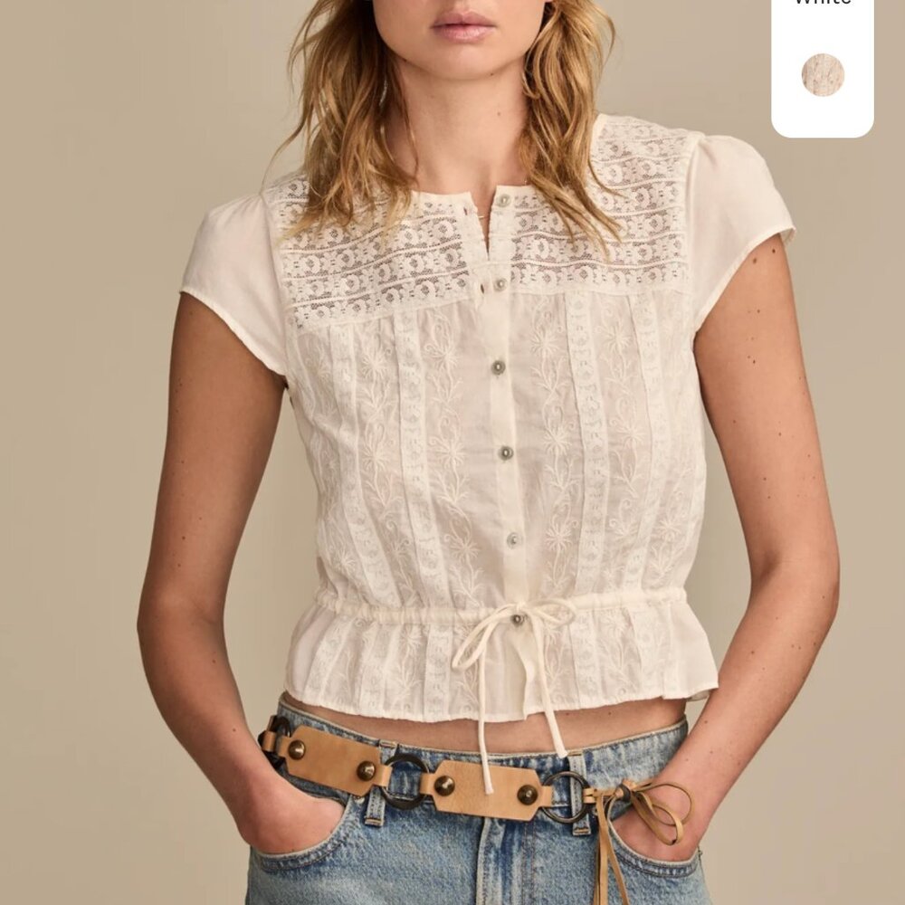 Lucky Brand Whisper White Lace Inset‎ Blouse Sz L